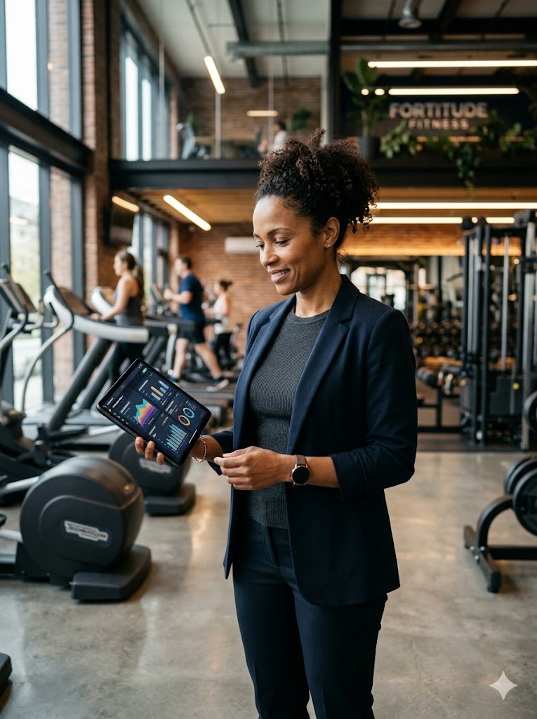 Fitness center owner reviewing analytics dashboard